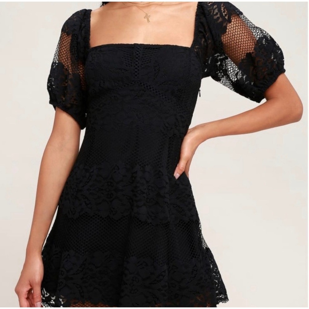 Free People Black Lace Square Neck Puff Sleeve Mini Dress Size M‎